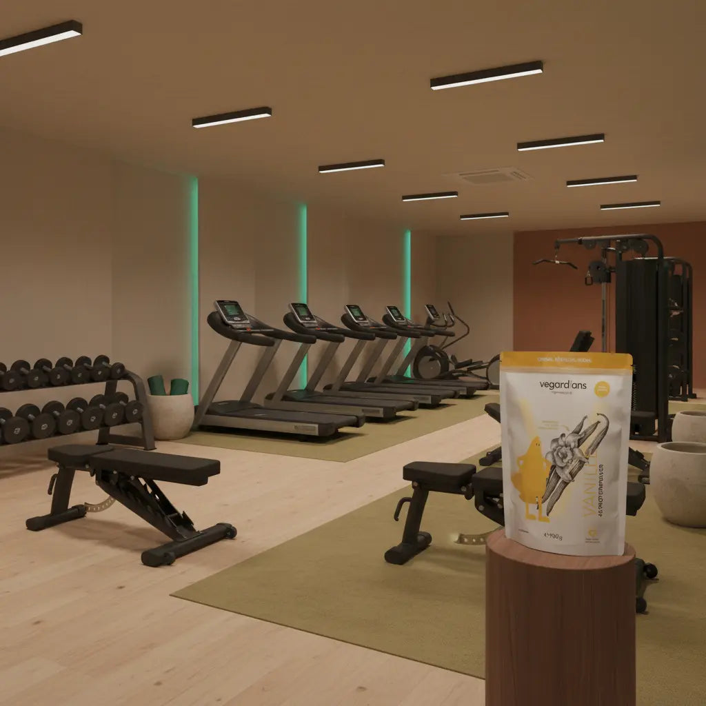 Leerer stilvoller Fitnessraum bei Nacht mit sanftem Licht und geordneten Gerätereihen, ruhige Atmosphäre passend für 24-Stunden-Fitnessstudios.