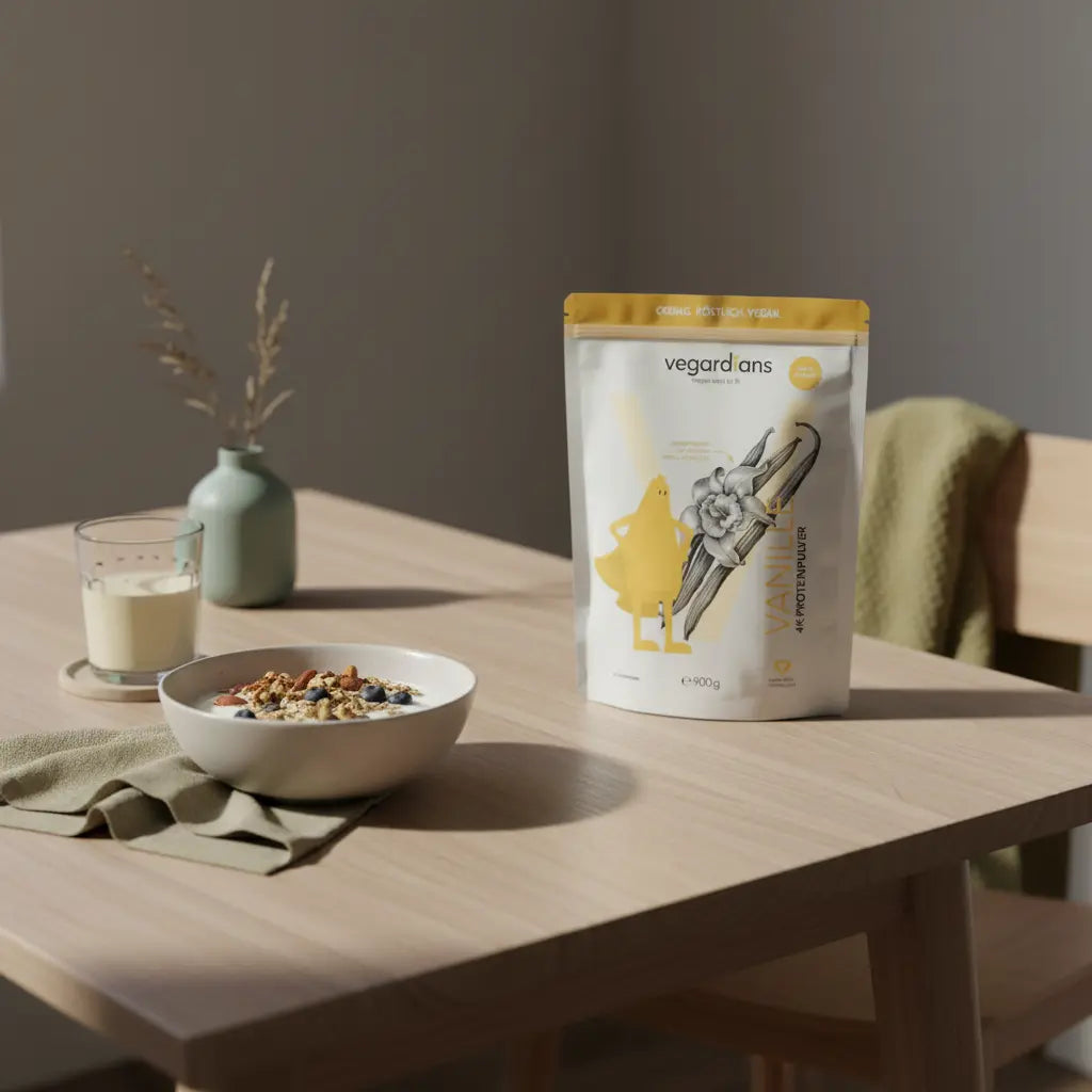 Minimalistische morgendliche Küchenaufnahme mit veganer Proteinmahlzeit (Müsli, pflanzlicher Joghurt, Nüsse, Shake) auf nachhaltigem Holztisch – 30/30/30 ernährungsplan.