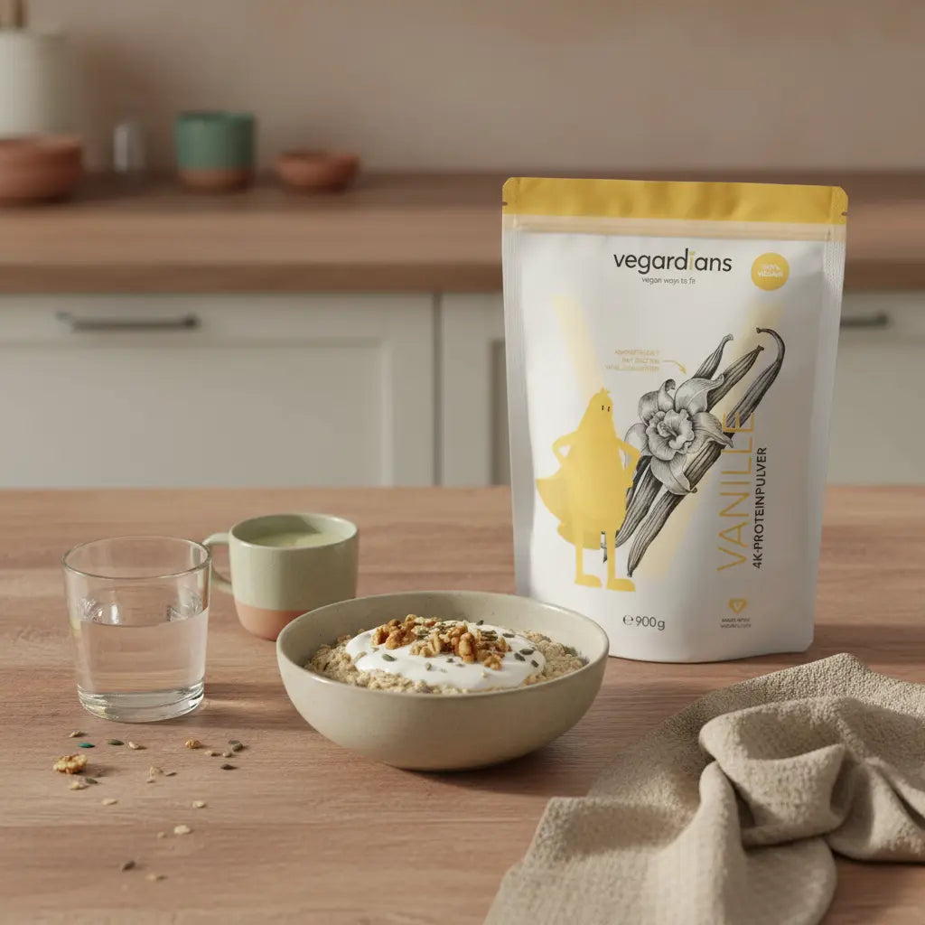 Minimalistisches Frühstück auf Holztisch mit veganem Porridge, Keramikschale, Glas Wasser, Wolltexturen und Leinenserviette in ruhiger Morgenstimmung – Thema: 30 kg abnehmen Dauer