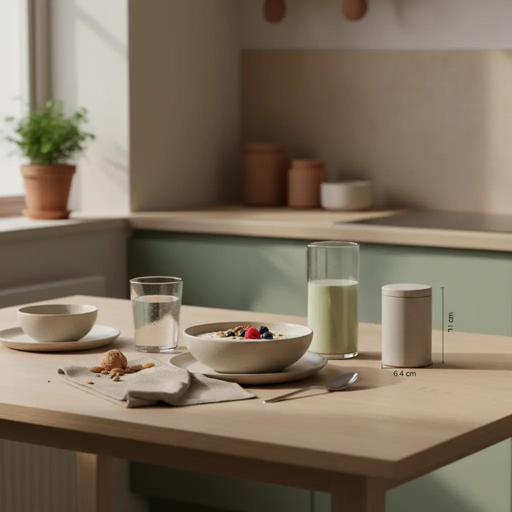 Veganer Frühstückstisch in europäischer Küche bei Morgenlicht mit Haferbrei, Nüssen, Beeren und Shake – stimmungsvolles Setup zum Thema 30 kg abnehmen