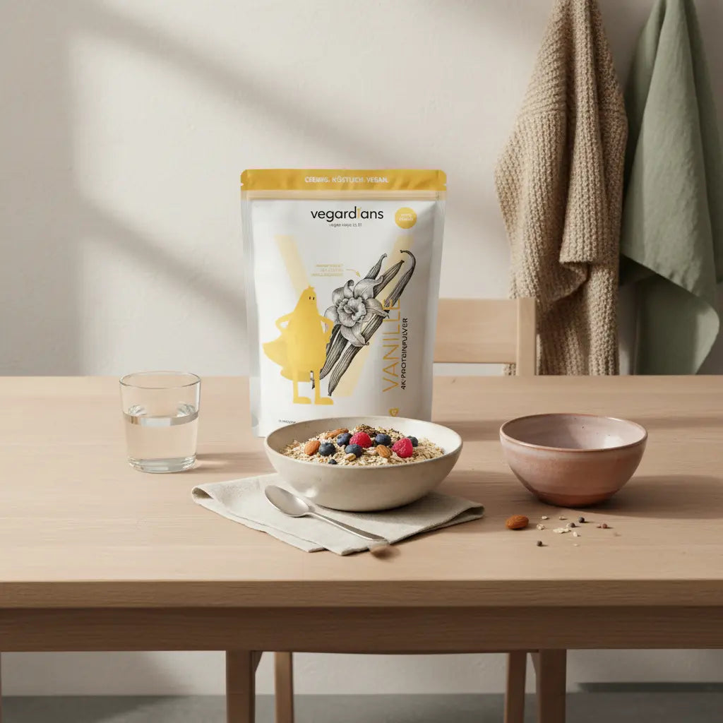 Minimalistische Frühstücksszene mit Haferflocken, Glas Wasser, Nüssen und dem Produkt aus den Referenzfotos auf nachhaltigem Holztisch im Morgenlicht – 30 Minuten Bewegung täglich