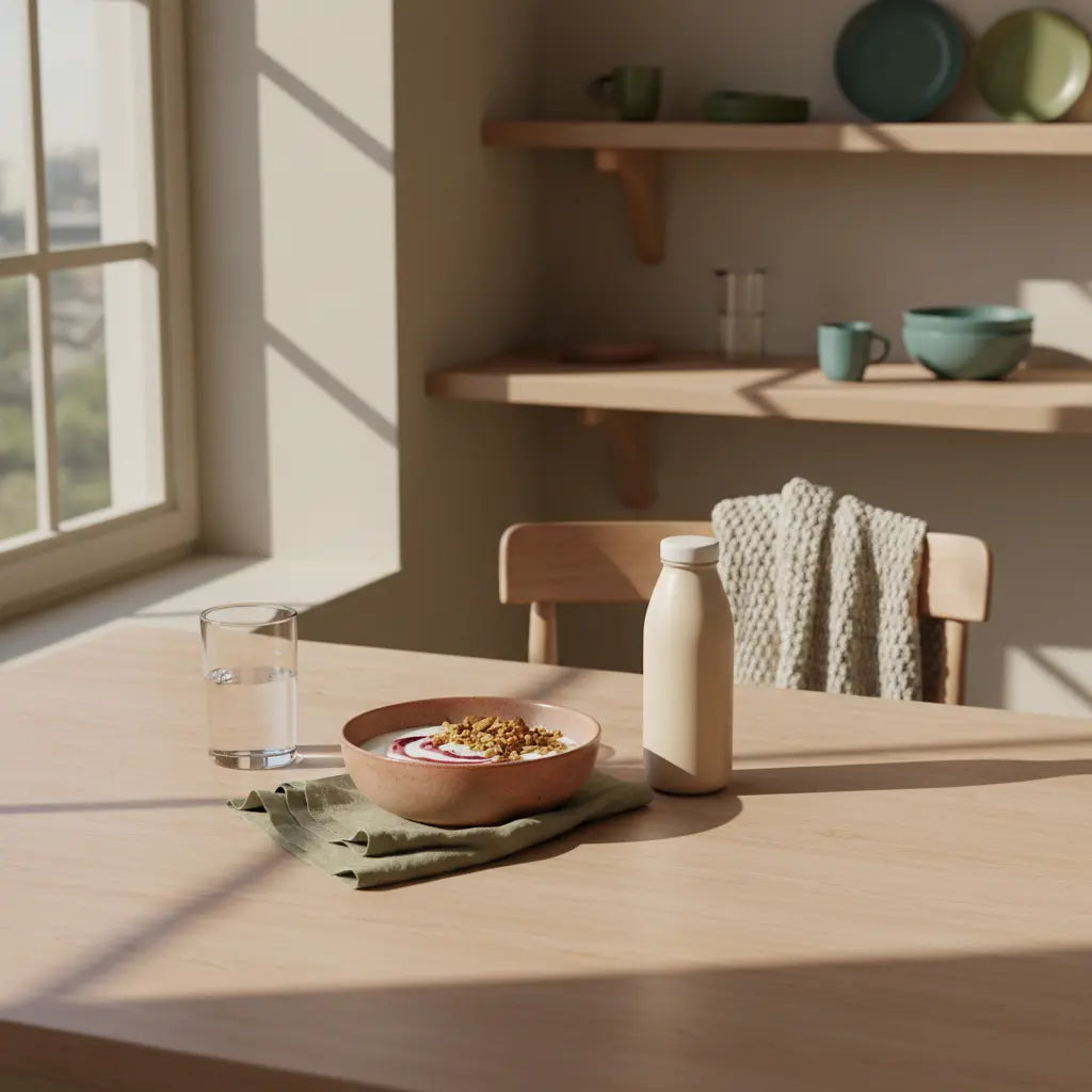 Minimalistisches Frühstück mit Granola, pflanzlichem Joghurt, Nüssen und Shake auf nachhaltigem Tisch im Morgenlicht – ideal vor 30 minuten krafttraining.
