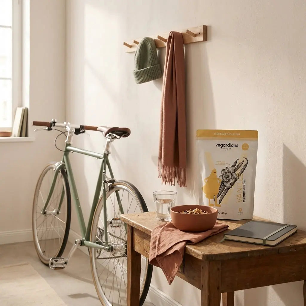Ruhige Flurszene mit Fahrrad, kleinem Frühstückstisch und Produkt, vorbereitet für 30 Minuten Radfahren
