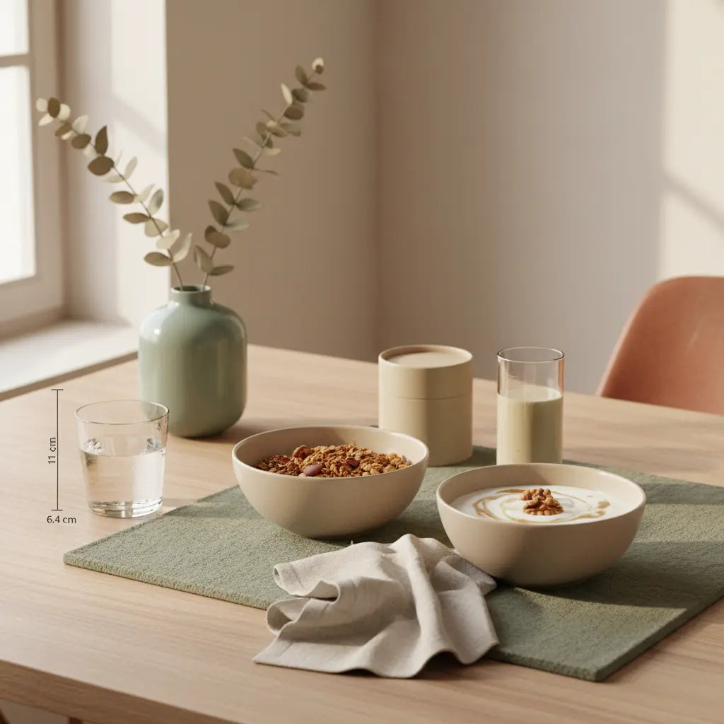 Minimalistisches veganes Frühstück in europäischer Küche bei Morgenlicht mit Granola, pflanzlichem Joghurt und Shake — 30 Minuten Sport Vorteile