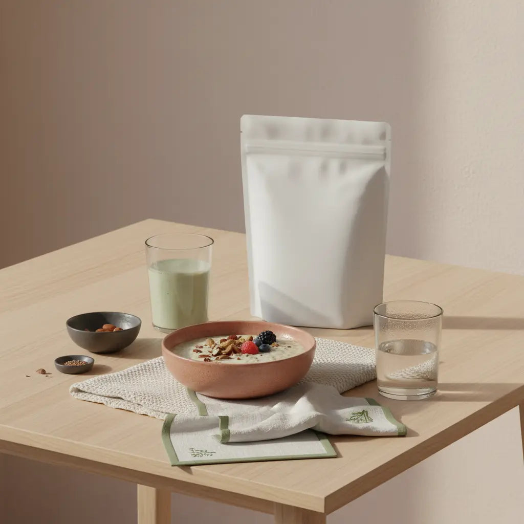 Veganes Frühstück auf nachhaltigem Holztisch mit Proteinshake und Wasserglas in ruhiger Morgenstimmung, minimalistisch gestaltet – 4 kilo abnehmen in 4 wochen