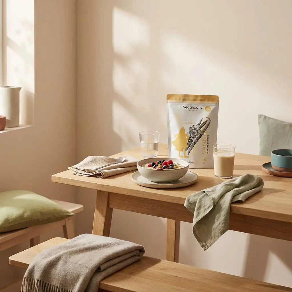 Veganes Frühstück mit Müsli, Beeren, Wasser und Shake auf nachhaltigem Holztisch im Morgenlicht – ruhige, nährende Szene, motivierend für 4 kilo in einer woche abnehmen