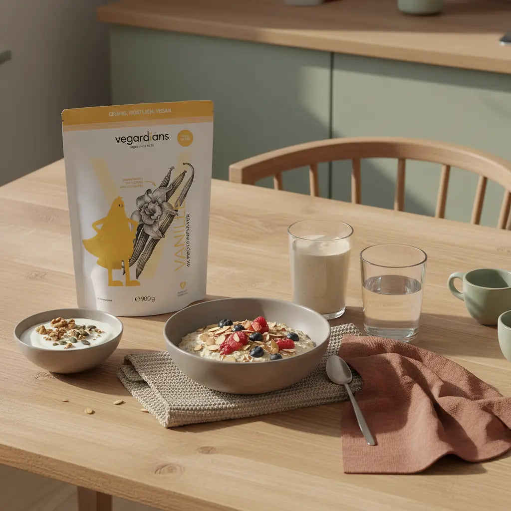Minimalistisches veganes Frühstück auf nachhaltigem Holztisch mit Hafer, pflanzlichem Joghurt, Nüssen, Shake und Wasser; Vegardians Produkt sichtbar – 5 kilo in einem monat abnehmen