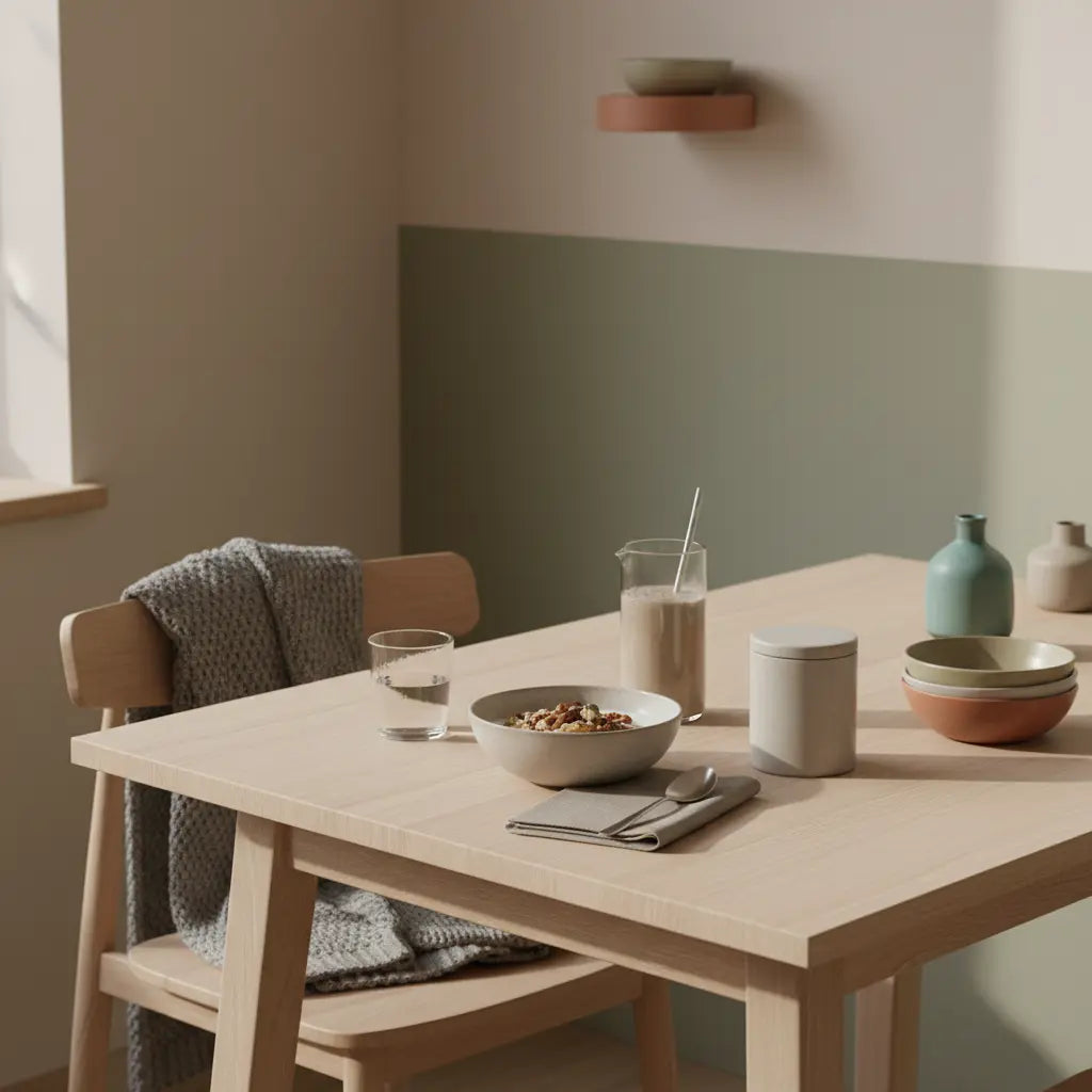 Minimalistisches Frühstückstisch-Set mit Granola, Joghurt, Nüssen, Shake und klarem Wasserglas in sanftem Morgenlicht, vegane Mahlzeit, 6 12 25 training