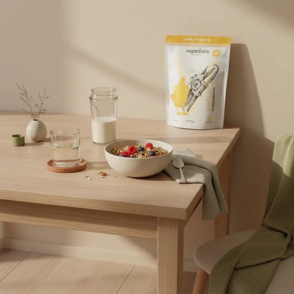 Minimalistische Morgenküche mit Holztisch, pflanzlichem Müsli, Protein-Shake und dem Produkt aus den Referenzfotos – 6 kilo in einem Monat abnehmen