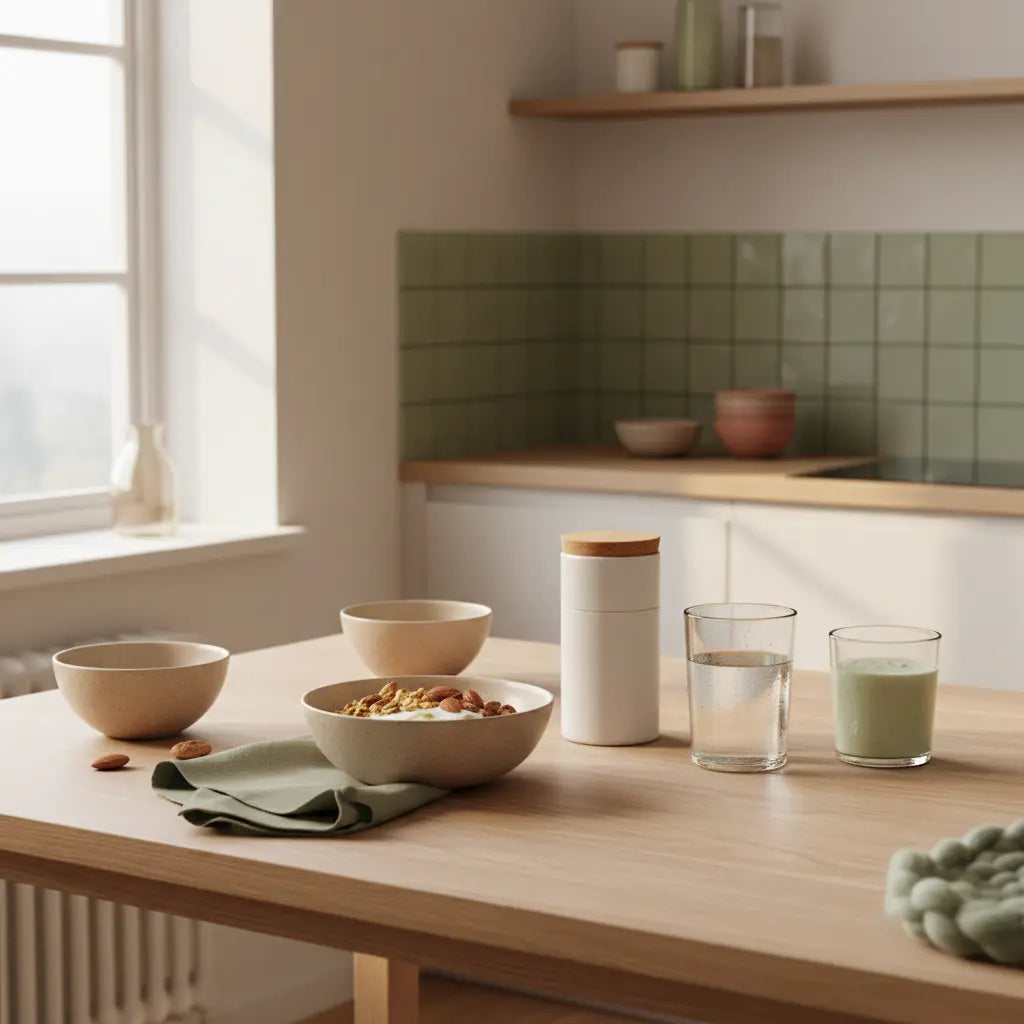 7-Tage-Reinigung Frühstückstisch in europäischer Küche mit Granola, pflanzlichem Joghurt, Nüssen und Shake, Produkt aus Referenzfotos sichtbar, ruhige erdige Farben