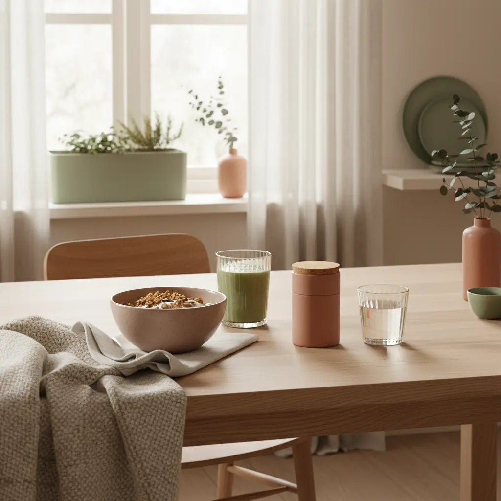 Minimalistisches Frühstück mit Granola, Pflanzjoghurt, Nüssen und Smoothie auf nachhaltigem Tisch in weichem Morgenlicht, ruhige, nährende Stimmung — 7-tage-vegan-challenge
