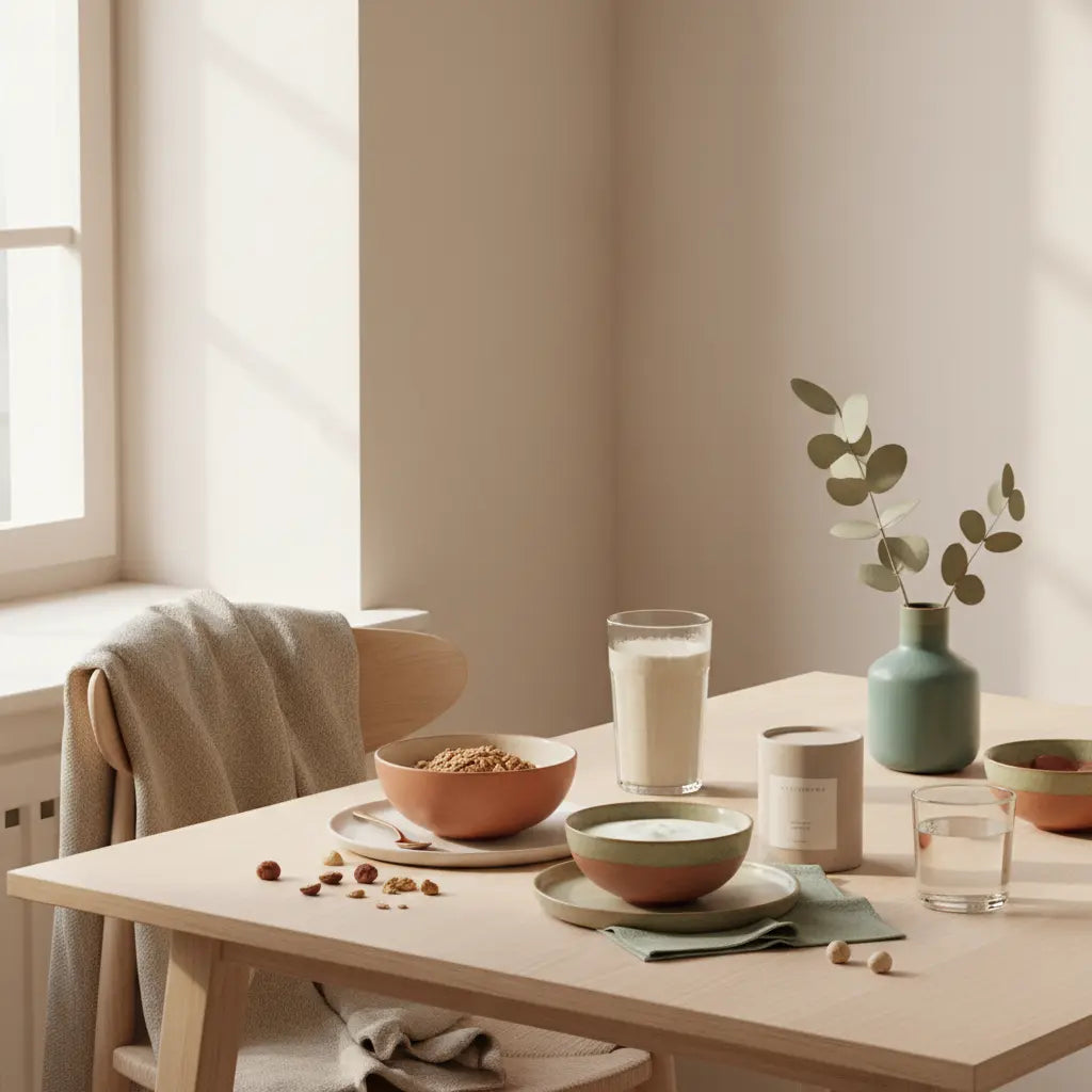 Minimalistisches Frühstück mit Granola, Pflanzenjoghurt, Nüssen und Shake in einer europäischen Küche im Morgenlicht – ruhige, nachhaltige Szene, Vegardians 80/20-Regel für Veganer