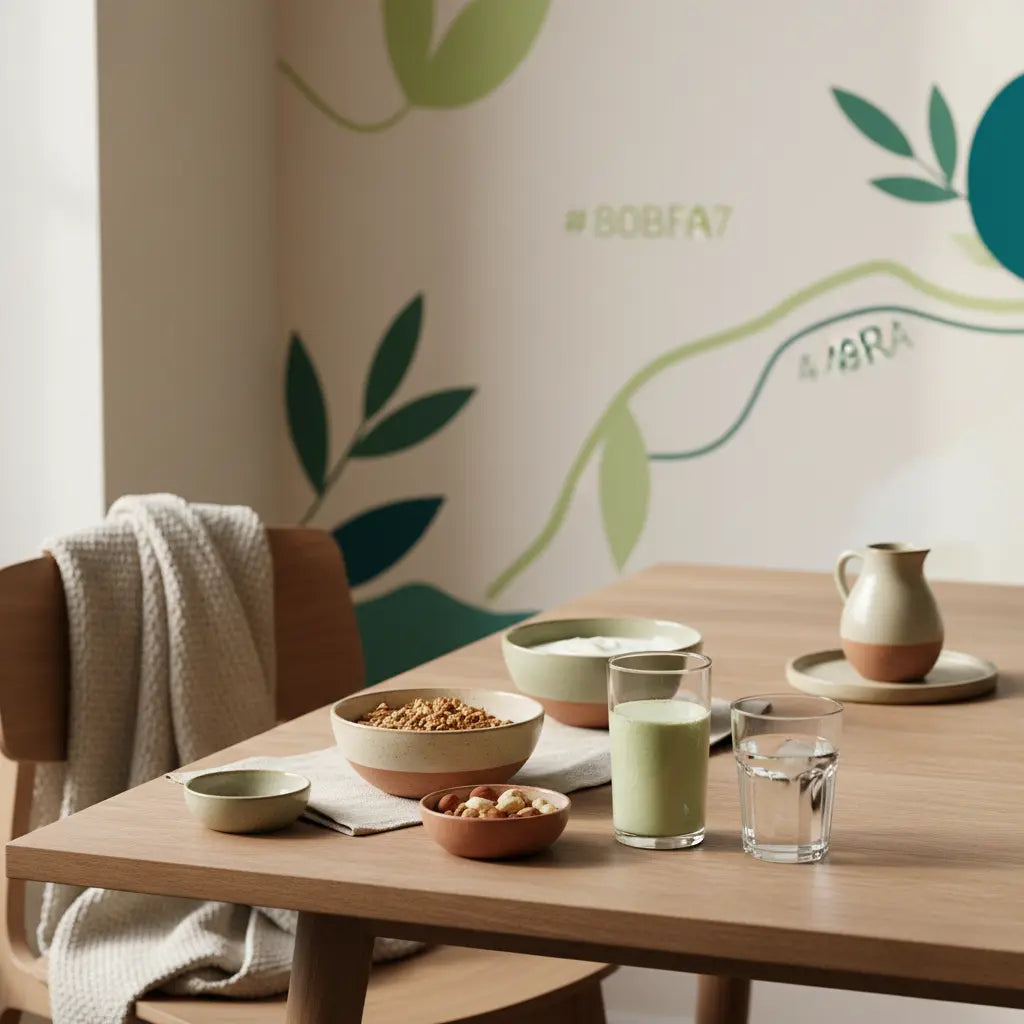 80-20-Vollwertkostregel Frühstück: nachhaltiger Holztisch mit Granola, Joghurt, Nüssen, pflanzlichem Shake und dem Produkt aus Referenzfotos im sanften Morgenlicht