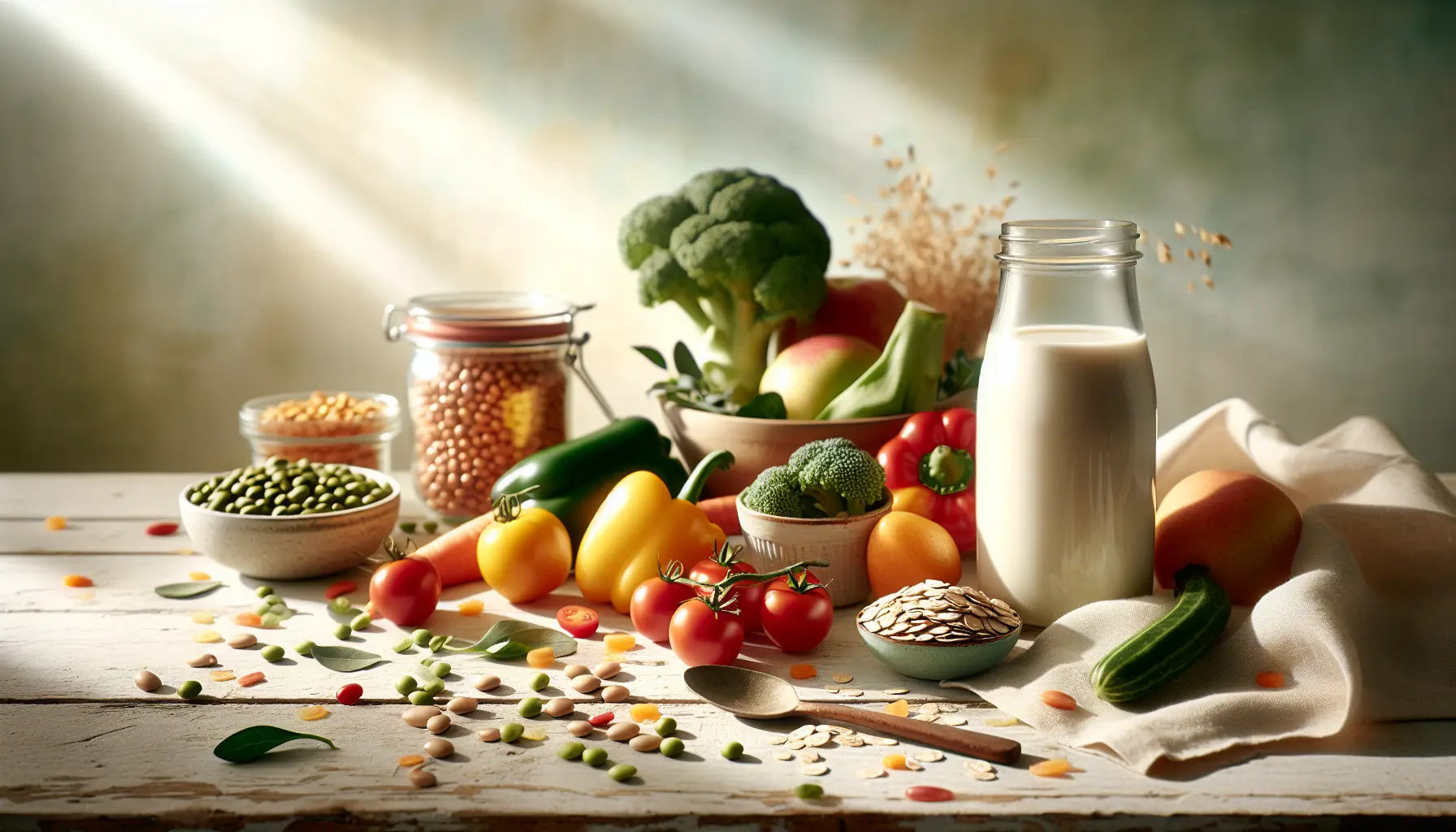 bunte auswahl frisches gemuese obst mit huelsenfruechten und fettarmen milchprodukten auf hellem holztisch in sanfter tageslichtszenerie