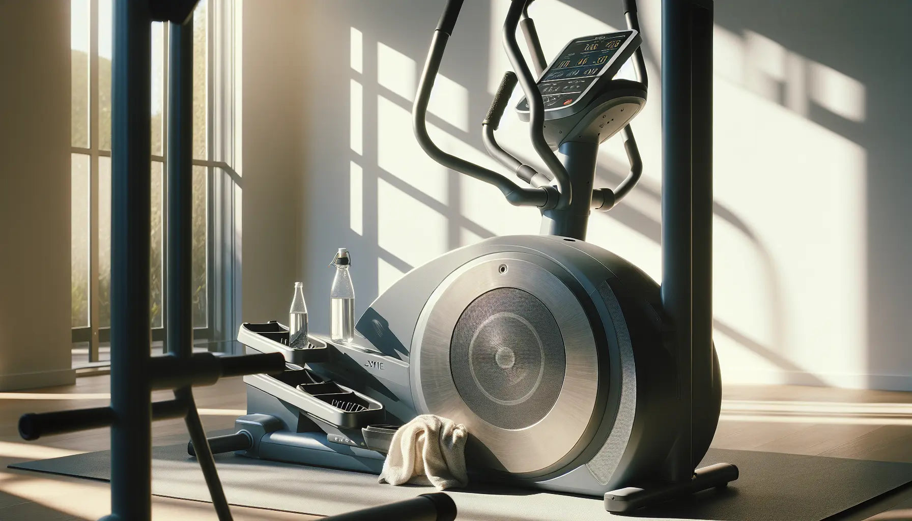 crosstrainer metallmechanik fitnessgeraet in hellem fitnessraum wasserglas leinenhandtuch natursteinboden sonnige wand