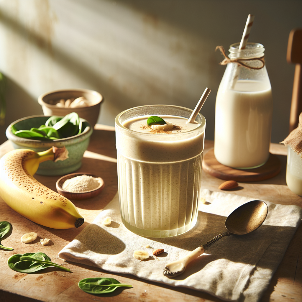Ein veganer Protein-Smoothie in einem frosted Glas auf einem rustikalen Eichenholztisch, umgeben von Spinatblättern, Banane und Mandelmilchkarton, im Morgenlicht einer gemütlichen Küche.