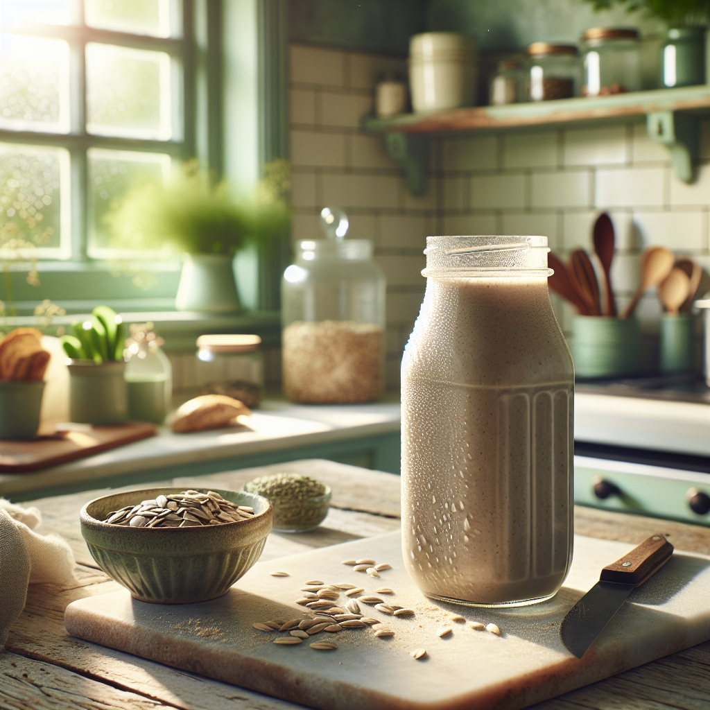 Ein Bio-Proteinpulver-Shake auf einem hellen Holztresen in einer gemütlichen, morgendlich beleuchteten Küche mit grünen Akzenten, umgeben von natürlichen Details wie einem offenen Samenbehälter und leichten Krümeln.