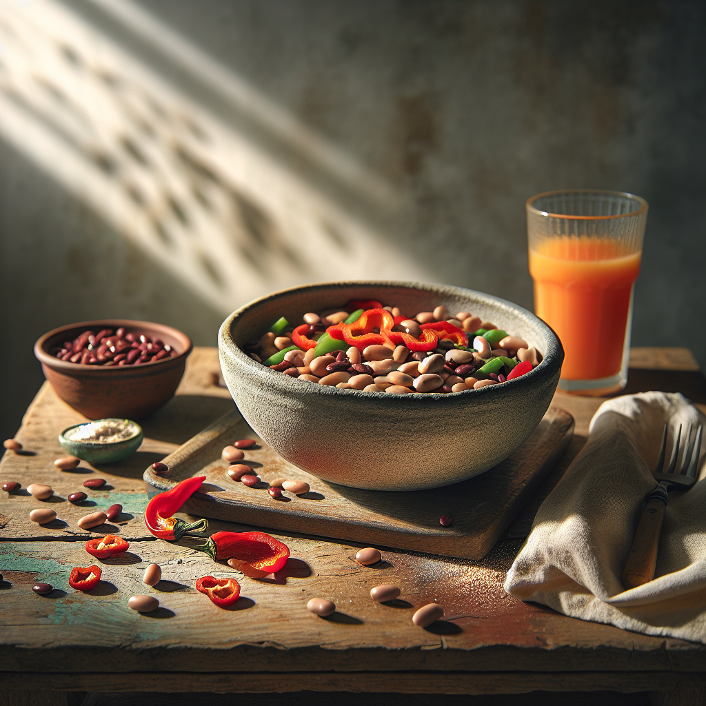 Eine warme, einladende Frühstücksszene mit einer Schale veganem Essen, die eisenreiche Bohnen und Vitamin-C-reiche Paprika zeigt. Das Bild verdeutlicht die Bedeutung der Nährstoffkombination für eine gesunde vegane Ernährung.