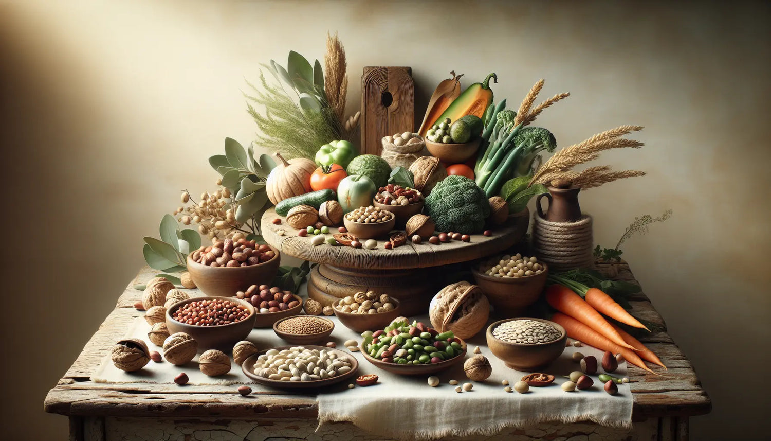 frische vegane lebensmittel nuessen samen huelsenfruechte buntes gemuese auf hellem holztisch natuerechte composition