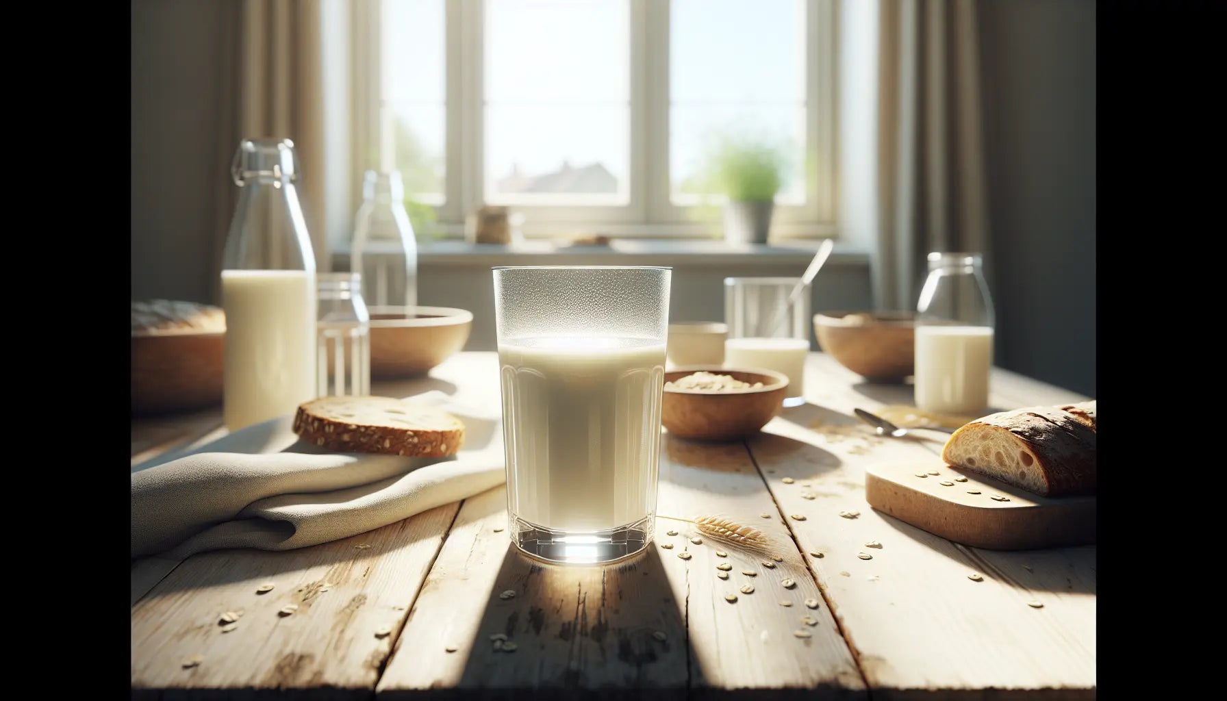 Glas Eleplant Getränk auf rustikalem Holz Frühstückstisch mit Brot und Tageslicht sonnenfenster im Hintergrund einladender Morgenmoment