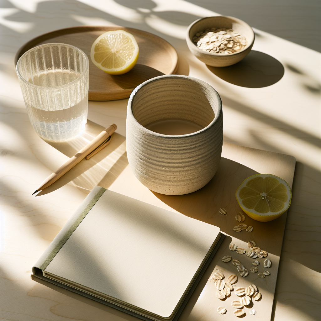 Heller Frühstückstisch mit handgemachter Keramiktasse, offenem Notizbuch und organischen Zutaten, sonnenbeschienene ruhige Morgenszene ohne Menschen.