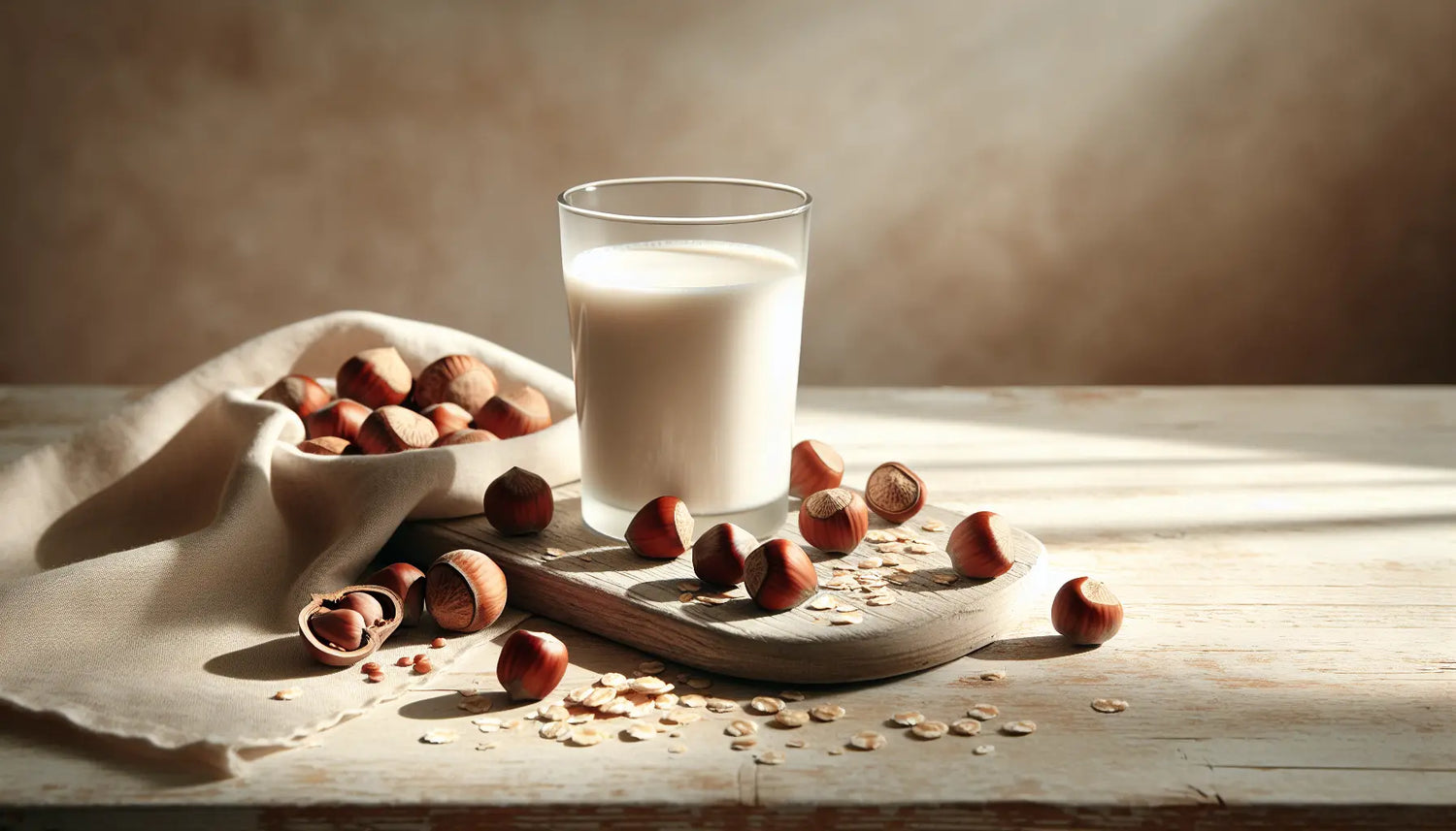 frische haselnuesse neben glas haselnussmilch auf hellem rustikalem holztisch mit warmem erdfarbenen hintergrund natuerechte lebensmittel