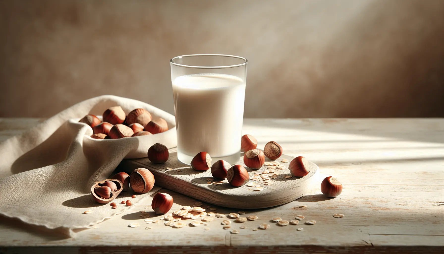frische haselnuesse neben glas haselnussmilch auf hellem rustikalem holztisch mit warmem erdfarbenen hintergrund natuerechte lebensmittel