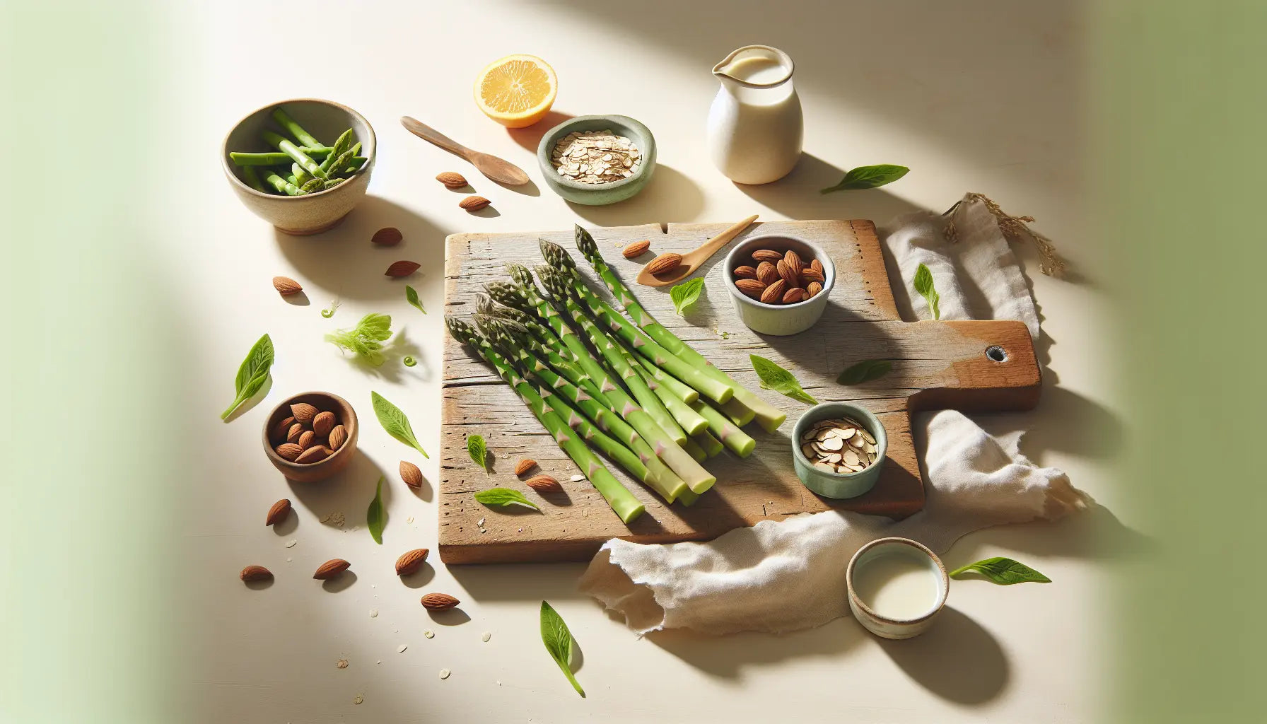 frische gruenen spargel stangen mit nuessen und gruengemuse natuere vegane ernaehrung auf hellen holzplatte