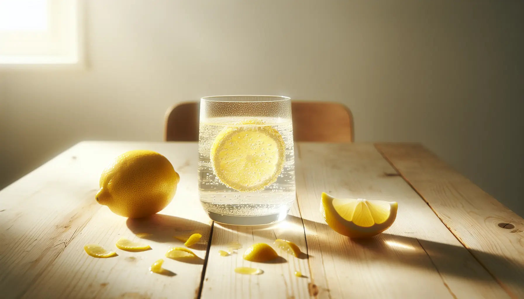 glasklares glas mit zitronenwasser und halbierter zitrone auf hellem holztisch mit zitronenzesten moegliches gesundes getraenk leber
