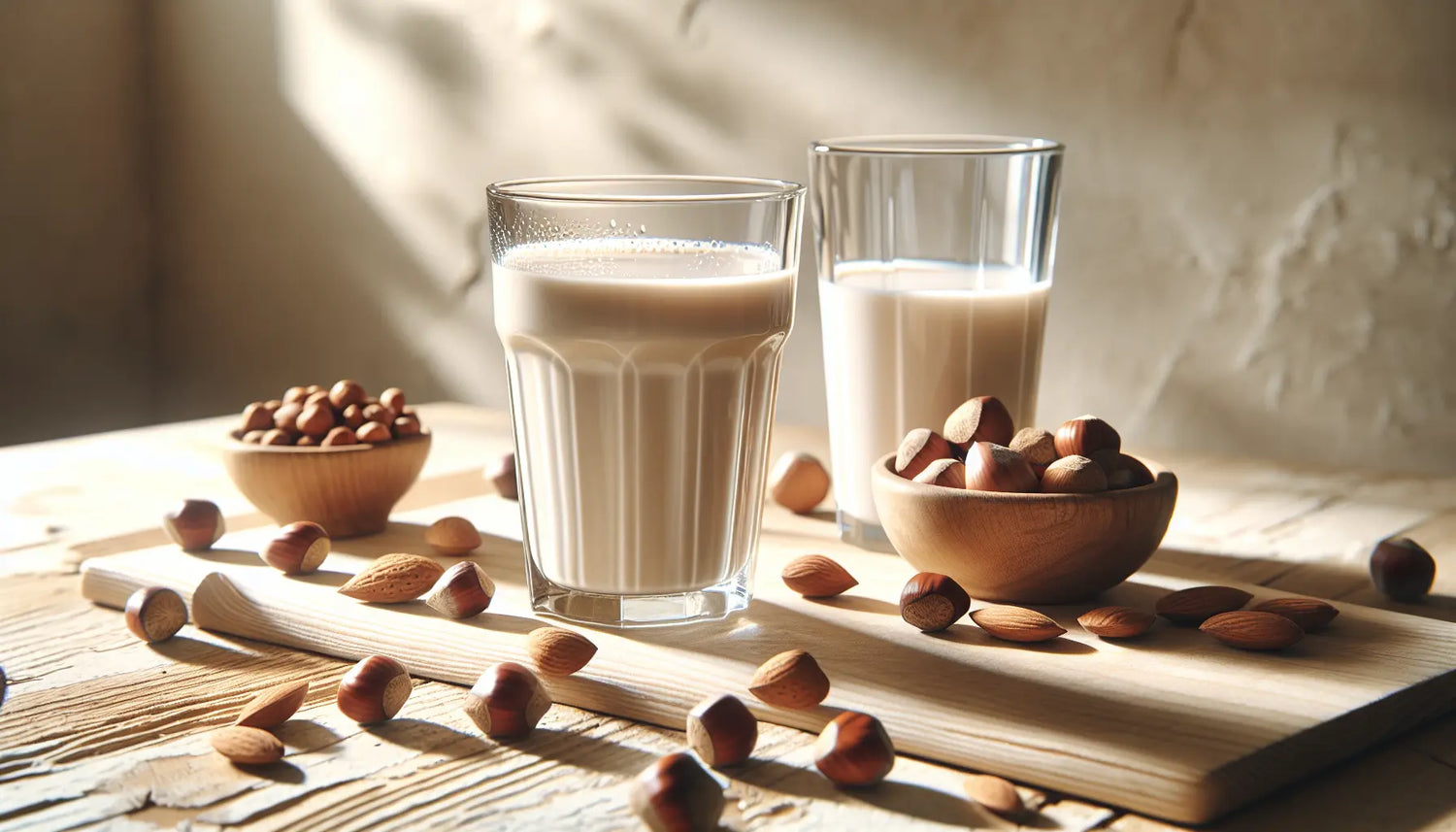 Fruehstueckstisch mit Glas Haselnussmilch und Glas Mandelmilch umgeben von Nuesse in natuertlichem Licht