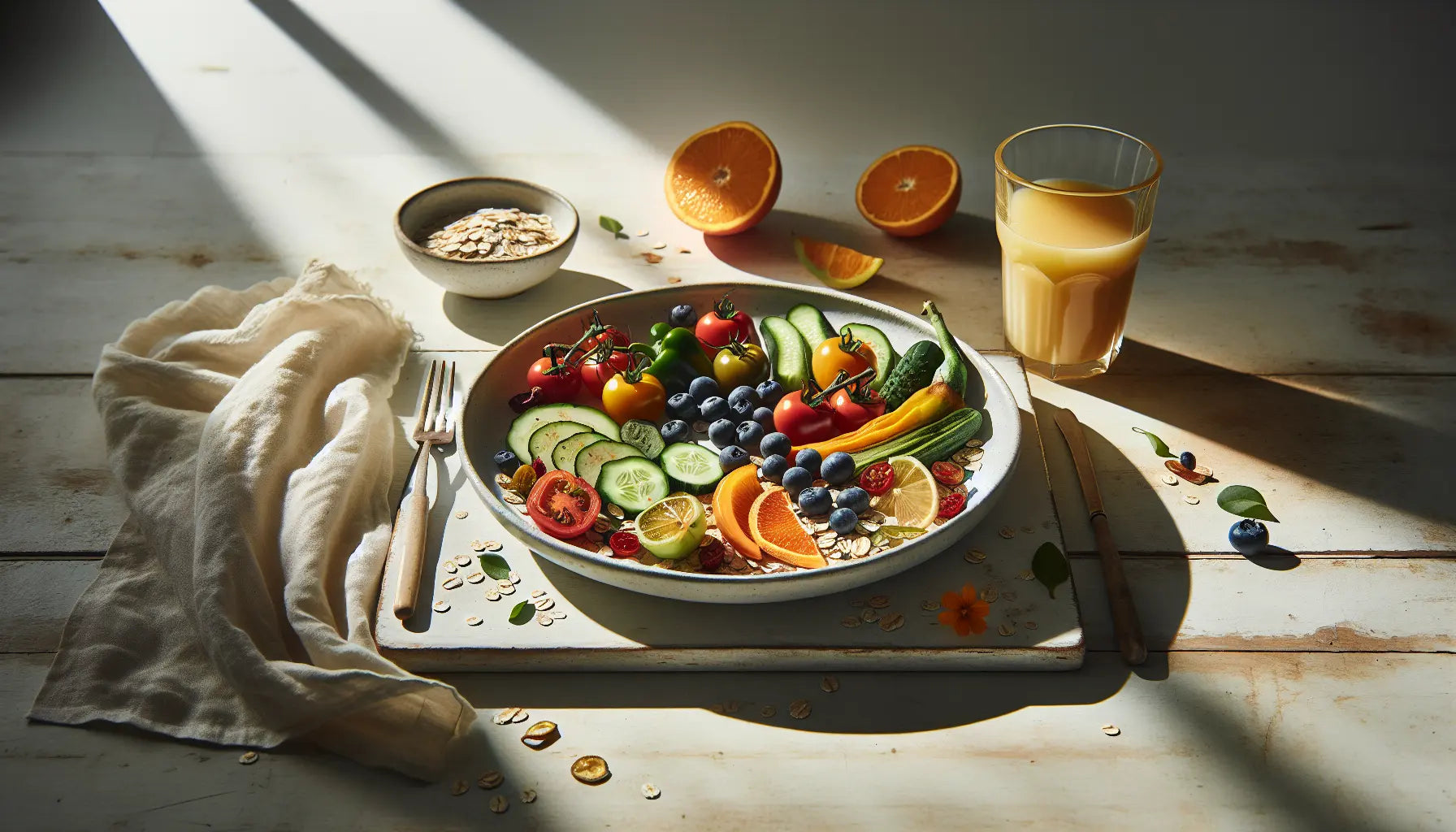 Gefuellter teller mit buntem gemuese obst und pflanzlichen zutaten auf heller holzoberflaeche mit glas orangensaft