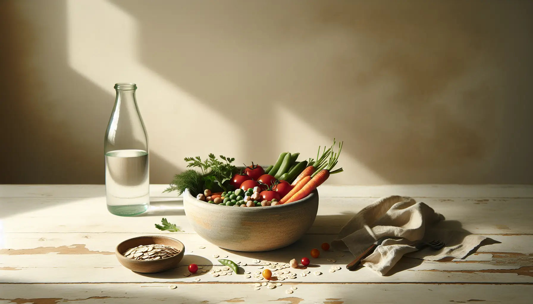bunte vegetarische mahlzeit mit frischem gemuese und hülsenfruechten in steinzeugschale auf hellem holztisch mit hellem hintergrund und weichem tageslicht