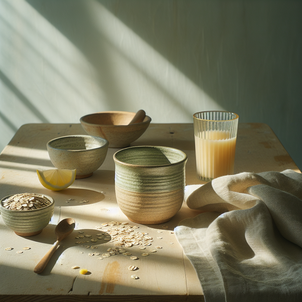Sonniger Frühstückstisch mit Keramiktasse, Zitronenzesten und Haferflocken auf hellem Birkenholz vor hellem, verschwommenem Hintergrund, Symbol für gesunde Leberentgiftung.