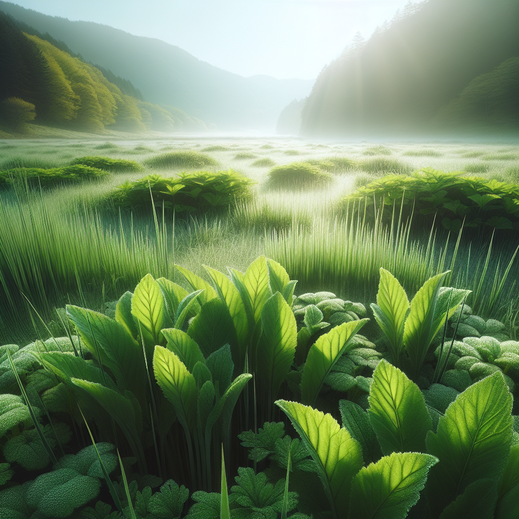 Eine ruhige Wiese mit grünen Pflanzen, die die natürliche Essenz von veganem Proteinpulver widerspiegelt.