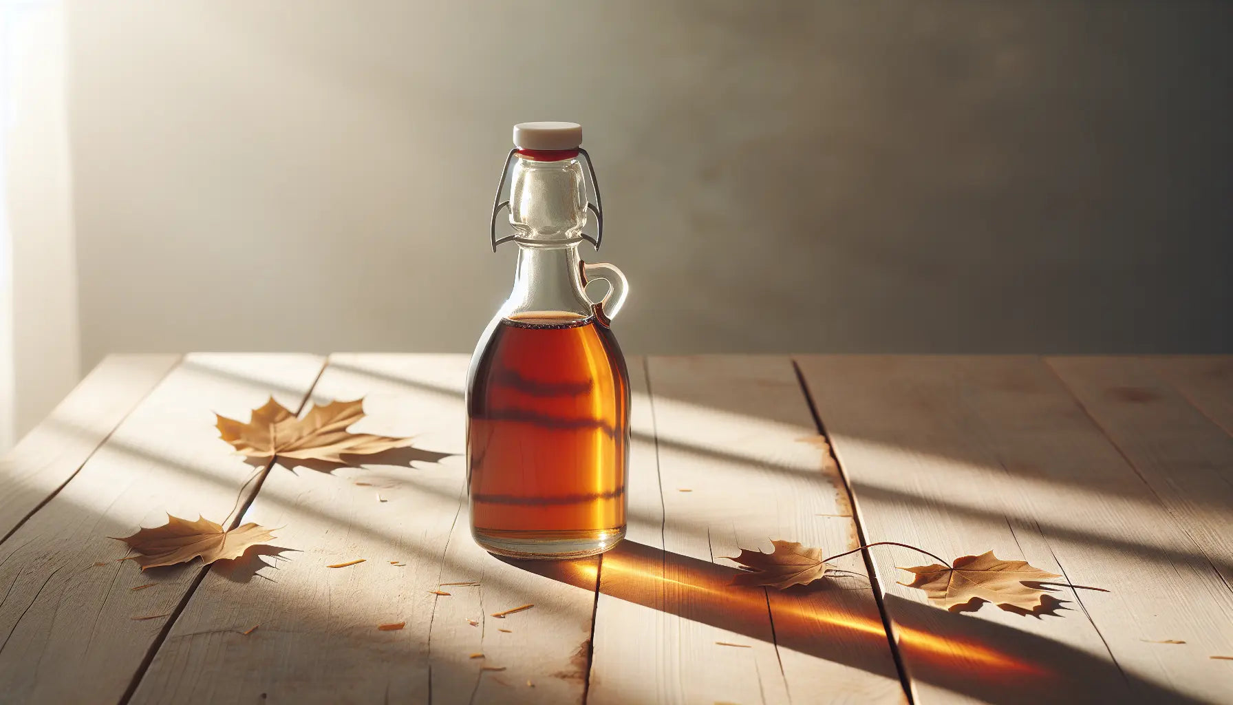 glas ahornsirup auf rustikalem holztisch mit ahornblaettern im hellen minimalistischen hintergrund