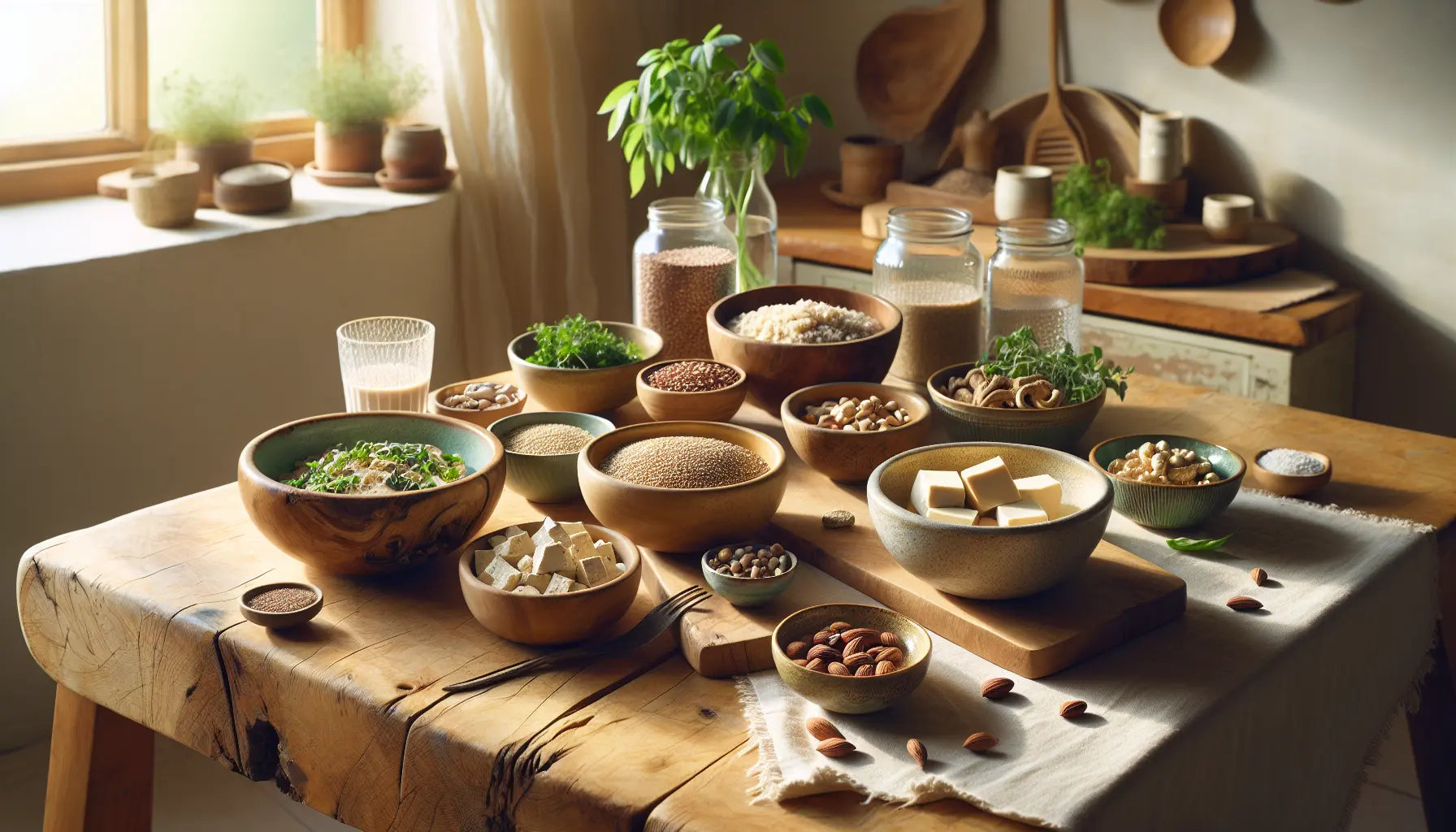vegetarischer tisch mit tofu quinoa nuessen samen und frischen kraeutern in heller kuenche mit natuerlichem licht