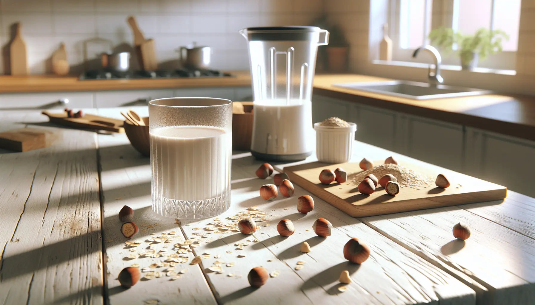 glas haselnussmilch auf hellem holztisch neben haselnuessen und mixer in sonniger kuche warme gemütliche atmosphaere