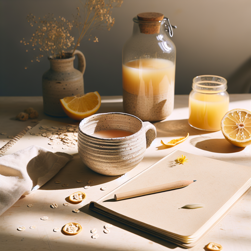 Minimalistische Frühstücksszene mit handgefertigter Keramiktasse, offenem Notizbuch und Glas Orangensaft auf hellem Birkenholz-Tisch, umgeben von Haferflocken und Zitronenzesten, vor sonniger Wand.