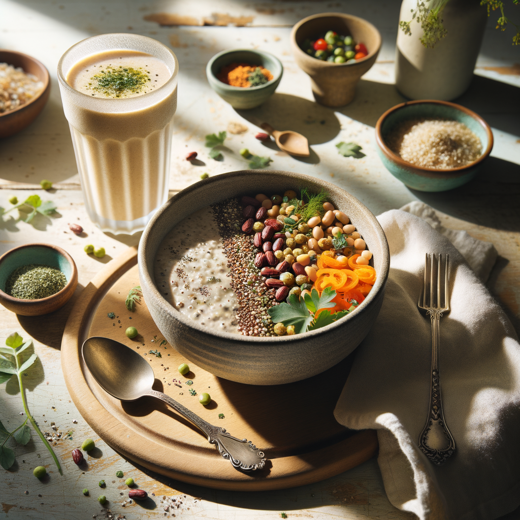 Ein helles, gemütlich eingerichtetes Frühstücksbereich zeigt eine vibrierende, gesunde vegane Mahlzeit mit Linsen, Bohnen und Quinoa neben einem erfrischenden Smoothie, der einen proteinreichen Lebensstil symbolisiert.