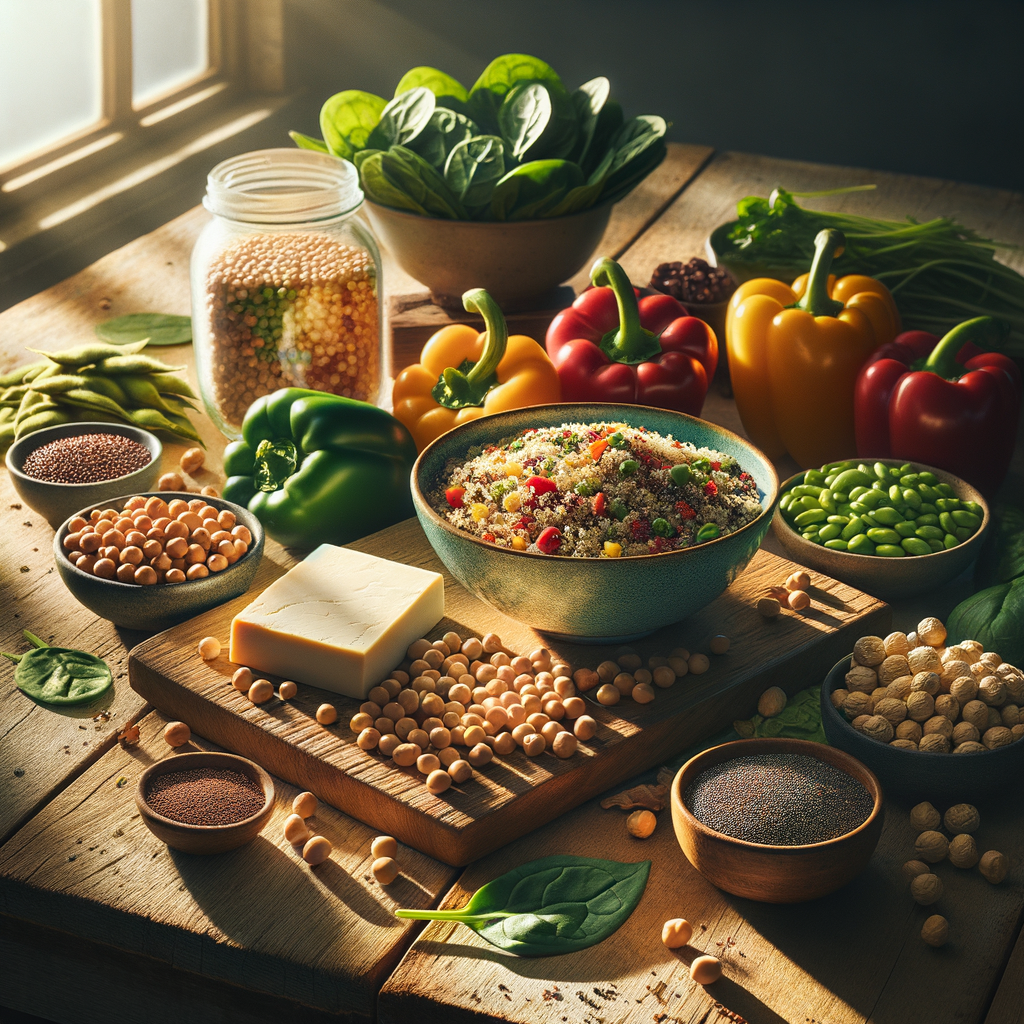 Vielfältige vegane Eiweißquellen auf einem hellen Küchentisch, darunter Quinoa, Kichererbsen, Paprika, Spinat, Tofu und Nüsse, umgeben von natürlichem Licht.
