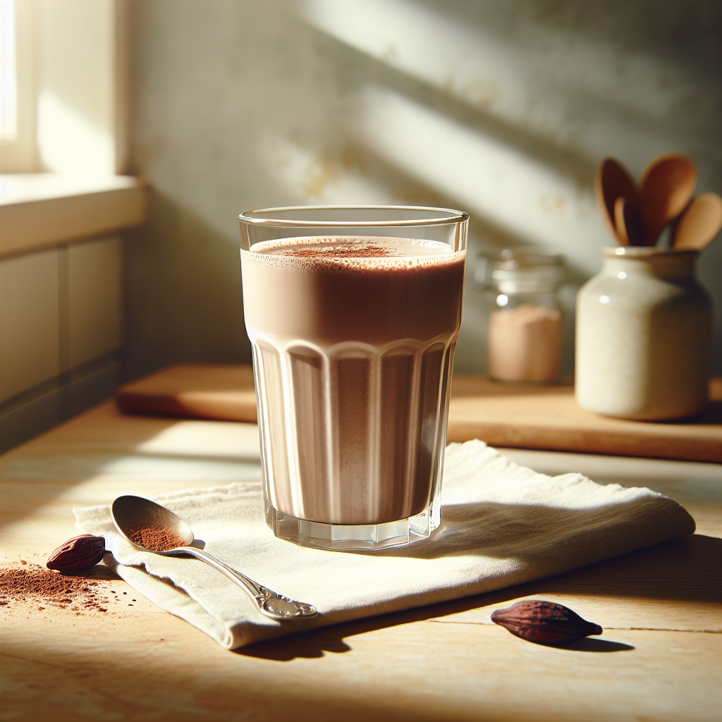 Ein verführerischer veganer Schokoladenshake auf einem hellen Eichenküchenzähler, eingerahmt von Sonnenschein, der seine cremige Textur und den intensiven Schokoladengeschmack zeigt. Daneben verstreute Kakaopulver und ein Vintage-Teelöffel.