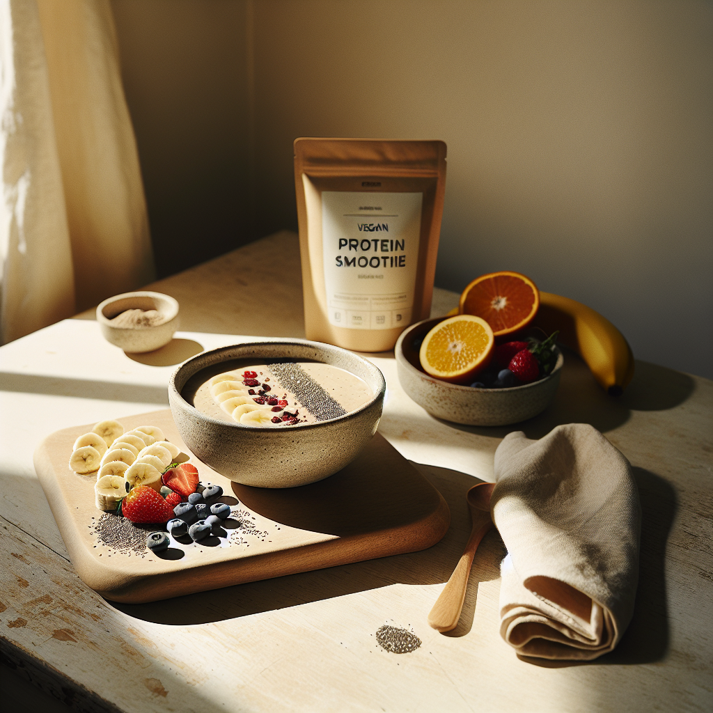 Vegane Proteinsmoothie-Schüssel mit frischen Früchten und veganem Proteinpulver auf einer Küchenarbeitsfläche