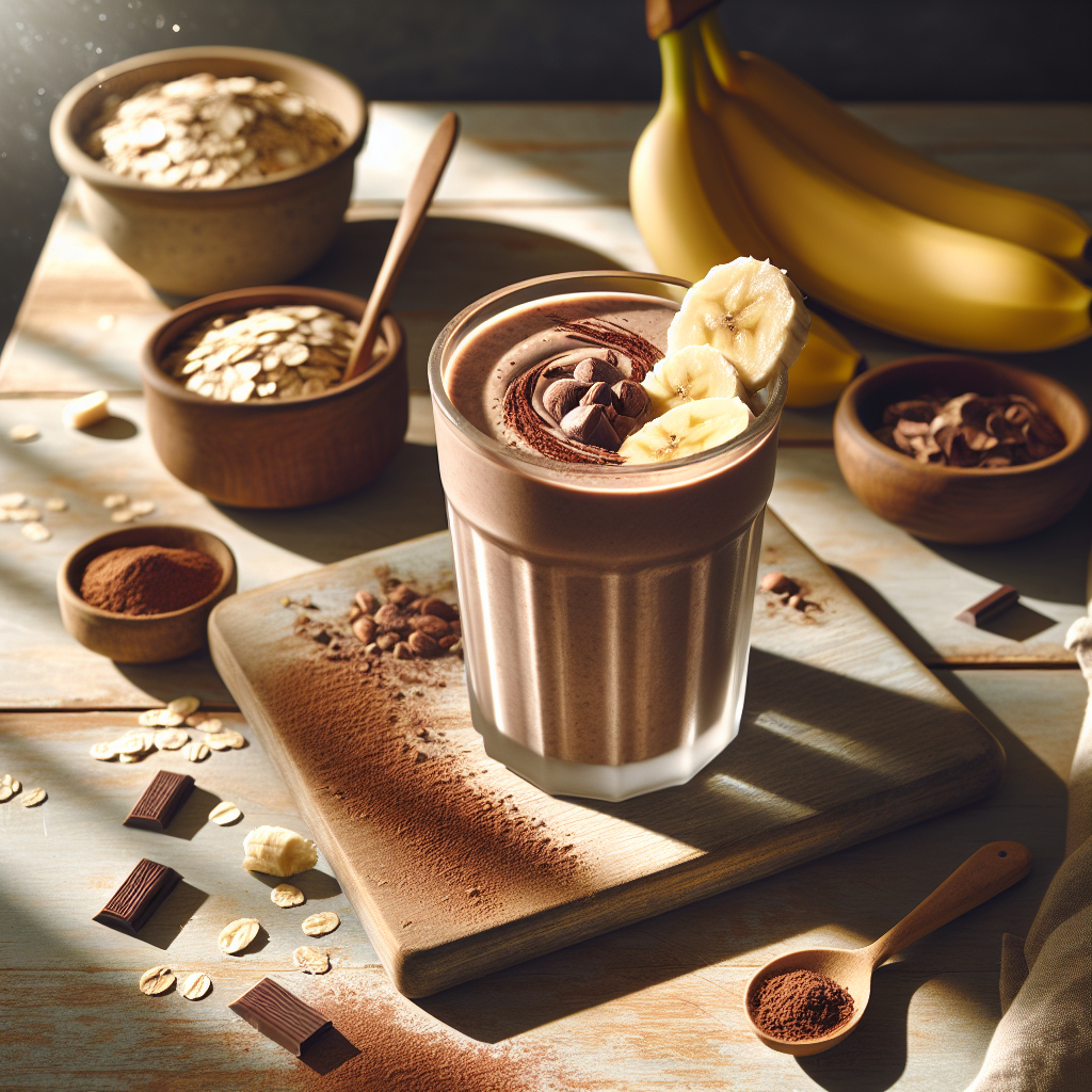 Veganer Proteinshake mit Schokolade und Banane in einer gemütlichen Morgenszene, ideal für ein energiereiches Frühstück.