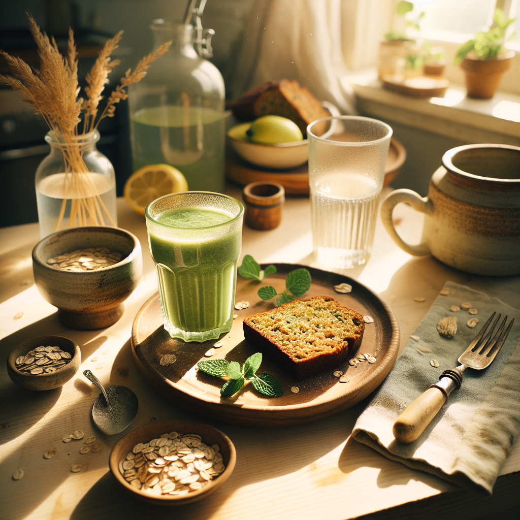 Rezeptideen mit veganem Proteinpulver, dargestellt als grüner Smoothie und veganer Bananenkuchen, auf einem hellen Holztisch in einer sonnenbeschienenen Küche.