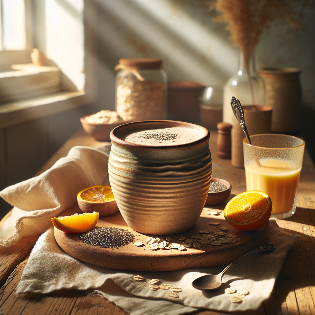 Gemütliche, sonnenbeschienene Küche mit einem cremigen Protein-Smoothie in einem handgefertigten Becher, umgeben von Haferflocken und einem Glas Orangensaft, die eine natürliche Morgenroutine darstellen.