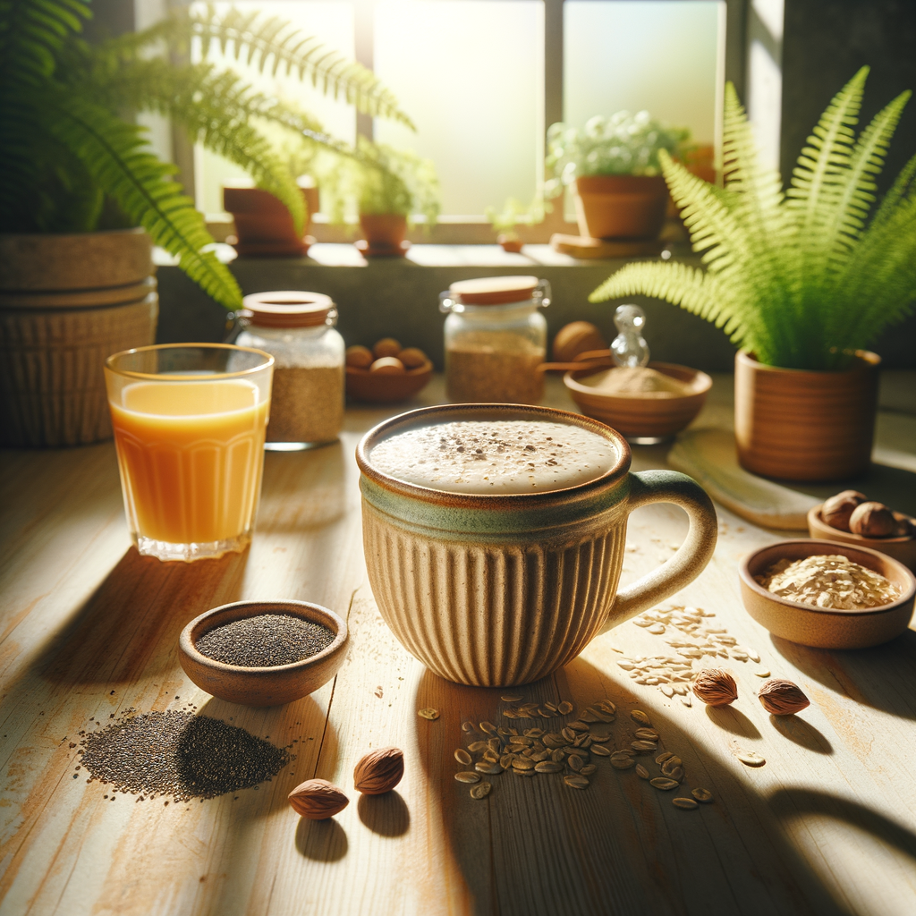 Ein veganer Proteinshake auf einem hellen Holztisch mit Pflanzen im Hintergrund, der die Natürlichkeit und gesundheitlichen Vorteile von pflanzlichem Proteinpulver hervorhebt.