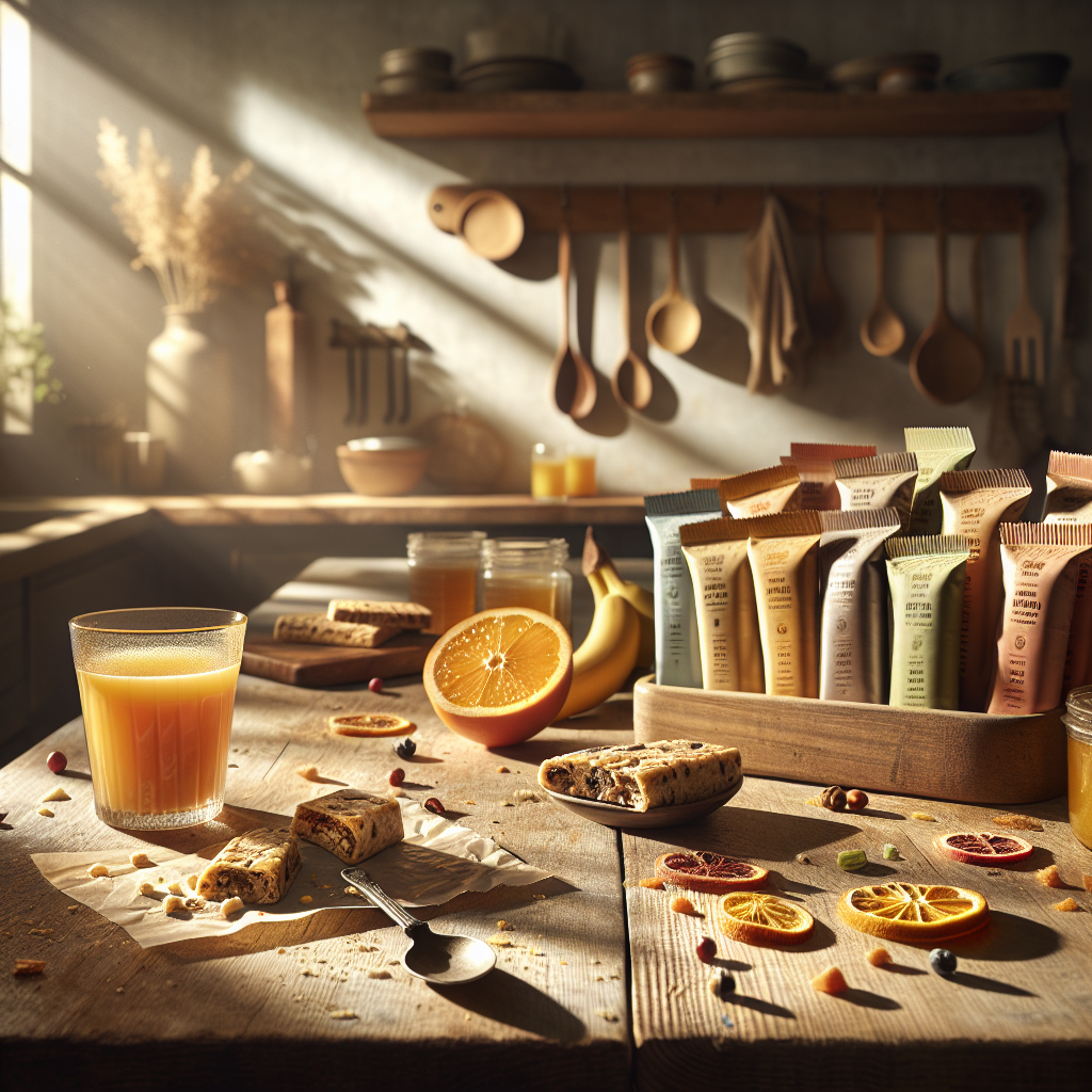 Verschiedene, bunte Proteinriegel auf einem rustikalen Holztisch, begleitet von einem Glas frisch gepresstem Orangensaft und natürlichen Streuelementen, in einem sonnengefluteten Küchenambiente.