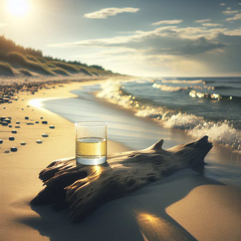 Ein ruhiger Strand mit sanften Wellen und einem Glas mit transparenter Flüssigkeit auf einem Stück treibholz, symbolisch für Omega-3, bei natürlichem Licht.