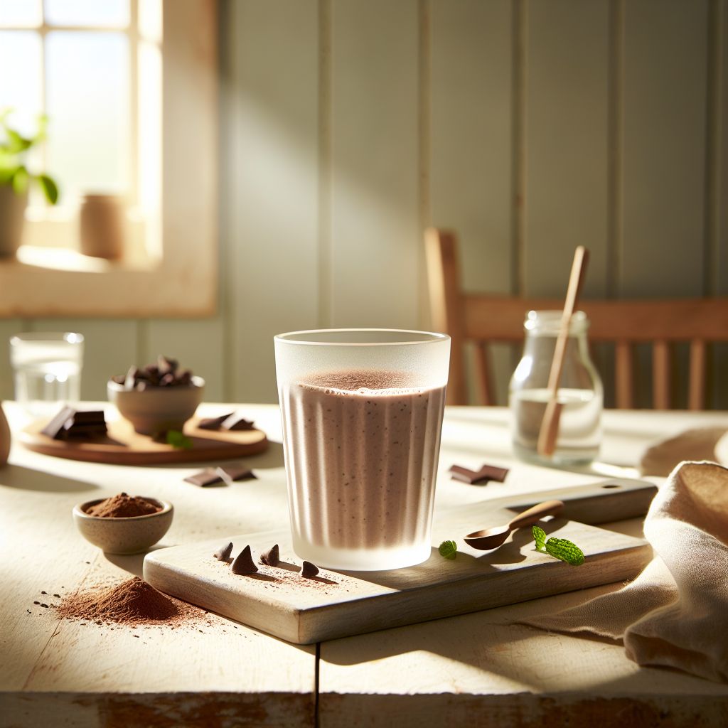 Veganes Schokoladen-Proteinpulver in einem gemütlichen, hellen Küchenambiente, auf hellem Holz mit Schokoladenstückchen und Minzblättern, natürliche morgendliche Beleuchtung.