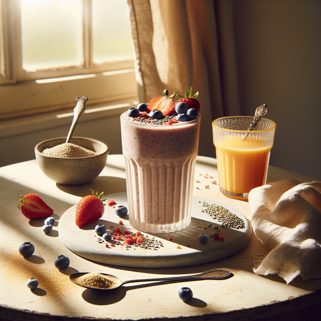 Ein heller, natürlicher Küchenszene mit einem veganen Proteinshake aus frischem Obst und Hanfsamen, umgeben von natürlichen Frühjahrsdetails, perfekt für einen gesunden Morgen.